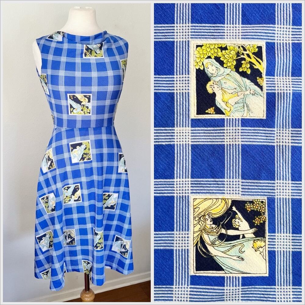 Vintage 70s Art Nouveau Style Dress Blue‎ Plaid Mini Novelty Print // Size Small